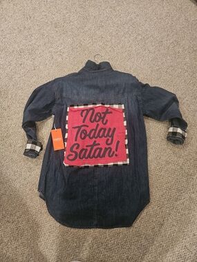 Upcycled Dark Blue Denim Shirt with RED Back Patch - "Not Today Satan!"